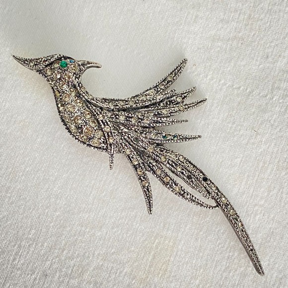 Pheasant Brooch Rhinestone Parve' On Silver Tone brass - Picture 1 of 7